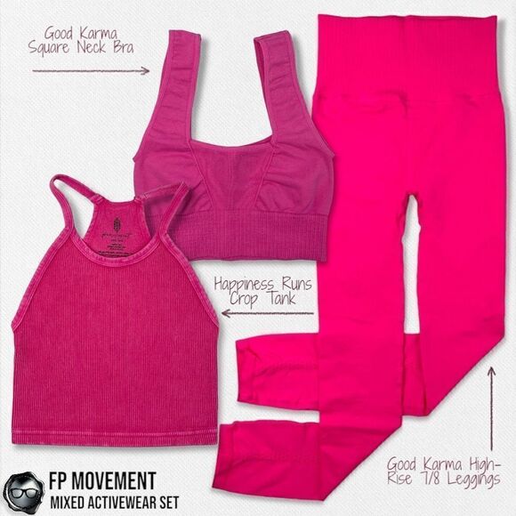 FP MOVEMENT SET: GOOD KARMA SQUARE NECK BRA + LEGGINGS + HR TANK NEON PINKS XS/S - Picture 1 of 16
